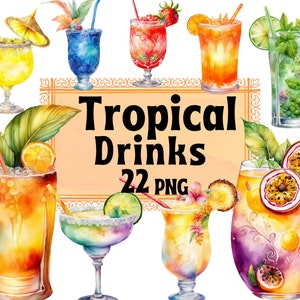 Clipart dell'acquerello di cocktail tropicali, bevanda estiva congedo di palma esotica bevanda ananas cocktail PNG Art Download immediato