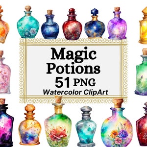 Może przedstawiać: Zestaw 51 obrazów clipart akwarelowych przedstawiających butelki z magicznymi eliksirami. Butelki są wypełnione kolorowymi cieczami i mają różne wzory, w tym gwiazdy, kwiaty i wiry. Butelki są w różnych kształtach i rozmiarach. Tekst "Magic Potions 51 PNG Watercolor ClipArt" jest napisany czarnym kolorem na złotej ramie.