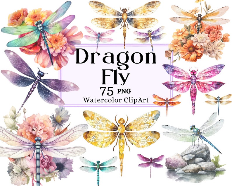 May include: Watercolor clipart set of 75 dragonflies in various colors and poses. The dragonflies are surrounded by flowers and leaves. The text "Dragon Fly 75 PNG Watercolor ClipArt" is displayed on a purple banner.