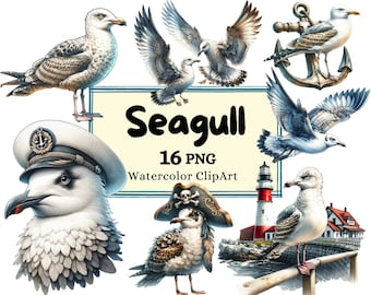 Watercolor Seagulls Clipart Bundle - Pirate Hat Seagull, Nautical Bird Watercolor Illustrations, Ocean Digital Art, Instant Download
