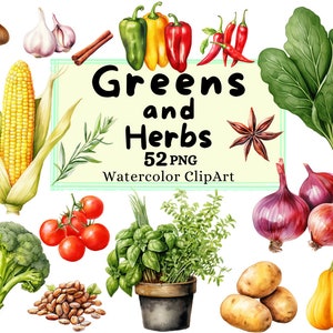 Aquarelle légumes verts et herbes Clipart, légumes frais numérique aliments sains variété de conception PNG téléchargement instantané utilisation commerciale