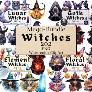 202 Witches Bundle Clipart, Watercolor Magic Element Witch Lunar Witch Floral Witch and Dark Goth Witch, Magical Spell PNG Commercial Use