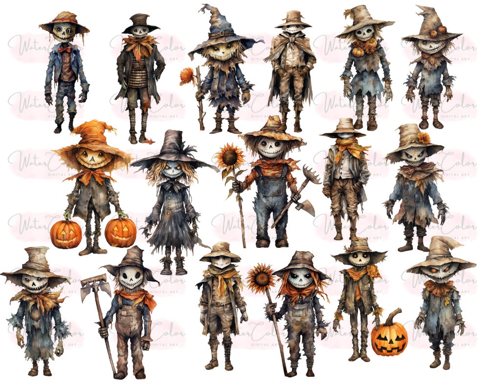 Scarecrow Clipart Watercolor Spooky Crow Scary Autumn - Etsy
