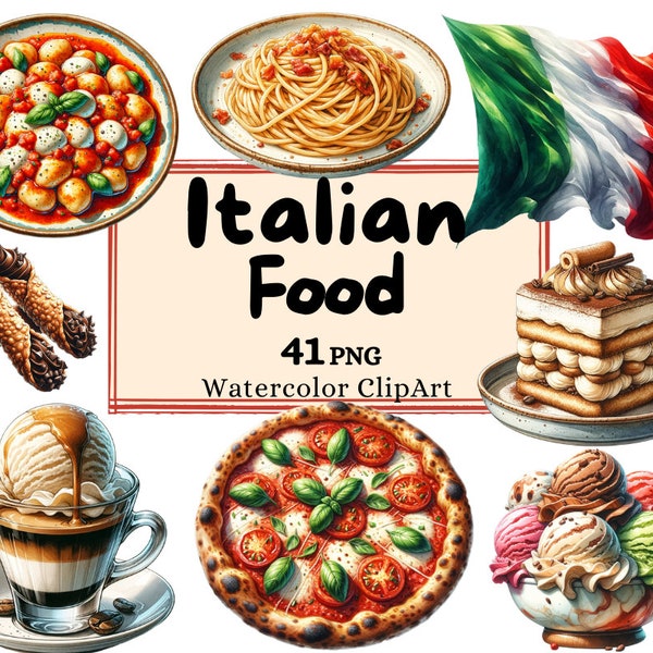 Watercolor Italian Food Bundle Clipart, Italy Gourmet Dishes Pizza Fresh Pasta Tiramisu Icecream Coffee PNG Instant Download Commercial Use