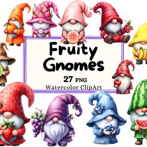 Collezione di clipart degli gnomi della frutta dell'acquerello, illustrazione dello gnomo dei frutti colorati, rosso giallo verde blu rosa viola Decor PNG uso commerciale