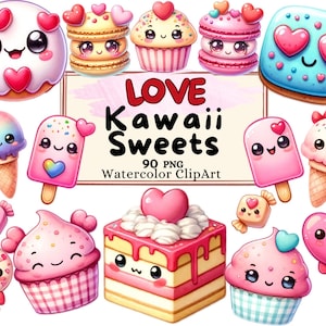 Aquarell Liebe Kawaii Süßigkeiten Liebhaber Clipart Bundle, Herz Macaron Cupcake Donut, Popsicle Eiscreme Kuchen Süße Süßigkeiten PNG Sofort Download