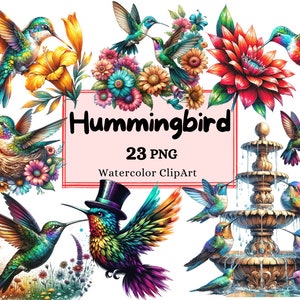 Vibrante paquete de imágenes prediseñadas de colibrí de acuarela, 23 PNG de pájaros coloridos, descarga digital, scrapbooking, fabricación de tarjetas, uso comercial