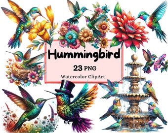 Vibrant Watercolor Hummingbird Clipart Bundle, 23 Colorful Bird PNGs, Digital Download, Scrapbooking, Card Making, Commercial Use