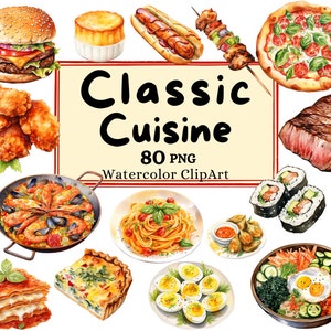 Cozinha Tradicional Clipart Refeições Em Aquarela Deliciosa Comida Clássica, Menu Arte Salada Sopa Massa Pizza PNG Download Instantâneo Uso Comercial