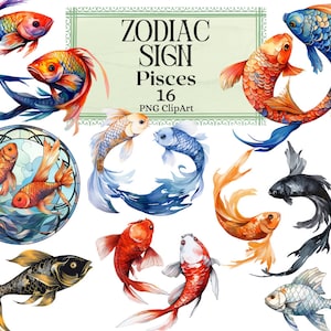 Zodiac Signs Clipart, Horoscope Pisces Star Sign, Esoterical Clipart Fish Astrology Neptune PNG Instant Download Commercial Use
