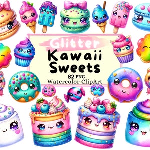 Pacchetto di clipart di dolci Kawaii glitter acquerello, macarons cupcakes brillanti ciambelle, caramelle carine vibranti PNG Download istantaneo