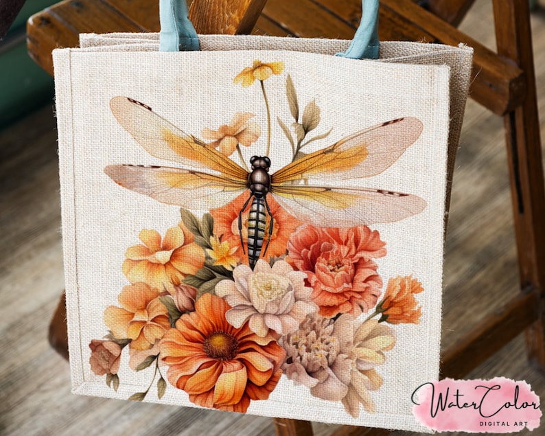 May include: A tote bag with a watercolor design of a dragonfly and flowers. The dragonfly is orange and brown with delicate wings. The flowers are in shades of orange, yellow, and white.