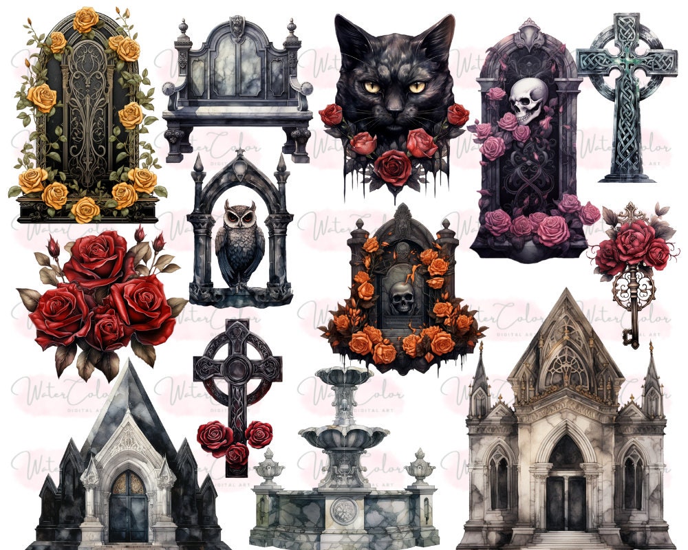 Gothic Tombstones Clipart, Rest in Peace Watercolor Grave Cemetery ...