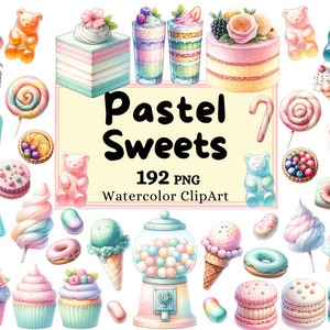 Watercolor Pastel Sweets Clipart Bundle, Treats Macarons Cupcakes Gummy Bears, Cakes Cotton Candy Floss PNG Instant Download Commercial Use