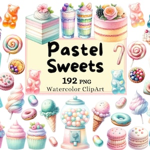 Paquete de imágenes prediseñadas de dulces pastel de acuarela, golosinas macarons cupcakes ositos de goma, pasteles algodón hilo de azúcar PNG Descarga instantánea uso comercial