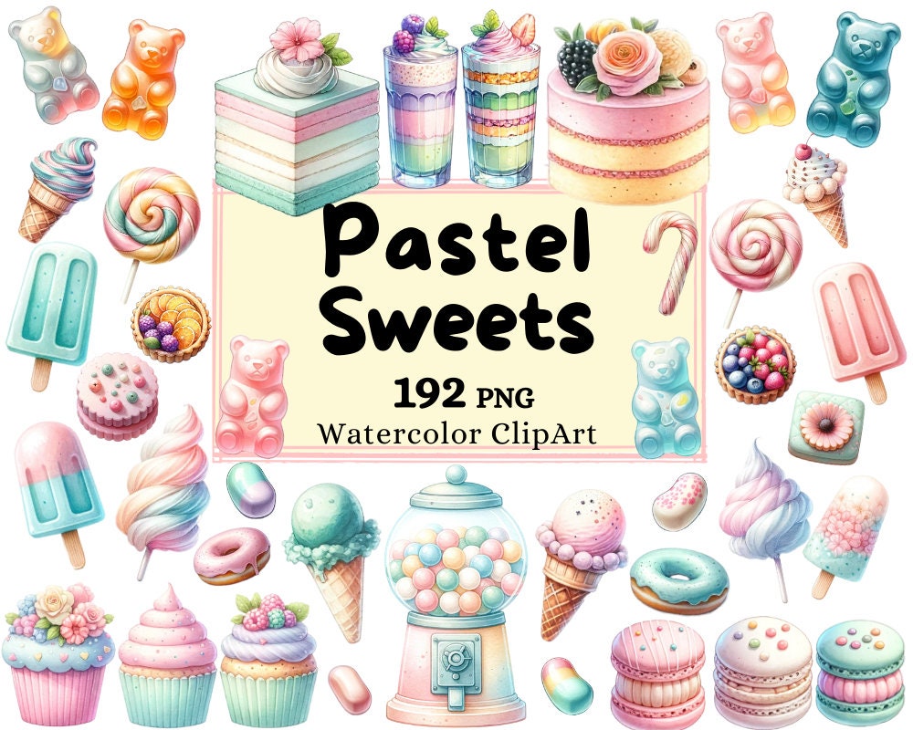Watercolor Pastel Sweets Clipart Bundle, Treats Macarons Cupcakes Gummy Bears, Cakes Cotton Candy Floss PNG Instant Download Commercial Use