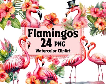 Flamingo Clipart Acuarela, Pink Flamingos Summer Clip Art flores exóticas tropicales fiesta en la piscina Diseño PNG Descarga instantánea