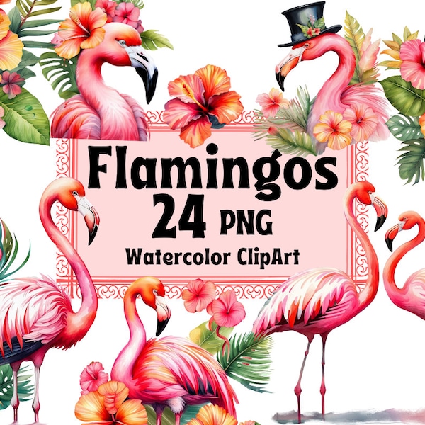 Flamingo Clipart Watercolor, Pink Flamingos Summer Clip Art tropical exotic flowers pool party Design PNG Instant Download