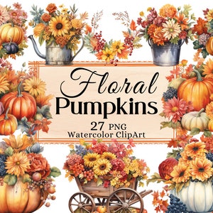 Clipart de calabaza floral, ramo de calabazas de girasol, corona de otoño, hojas de arce, acuarela de otoño PNG, descarga instantánea, uso comercial