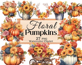 Floral Pumpkin Clipart, Sunflower Pumpkins Bouquet, Fall Wreath Maple Leafs Autumn Watercolor PNG Instant Download Commercial Use