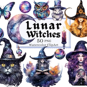 Celestial Moon Witch Clipart Watercolor Galaxy Witch Magic Spell PNG Magical Witch design, Commercial Use Instant Download