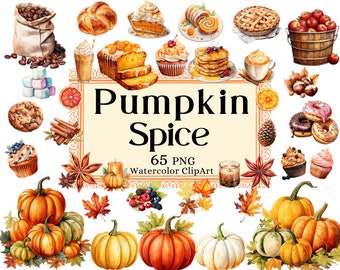 May include: Watercolor clipart set of 65 PNG images featuring pumpkin spice themed illustrations. The set includes pumpkins, fall leaves, cinnamon sticks, coffee beans, pastries, and more.