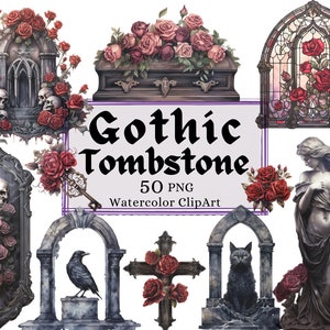 Gotische grafstenen clipart, rust in vrede aquarel graf begraafplaats kerkhof griezelige Halloween RIP PNG Halloween ontwerp Instant Download