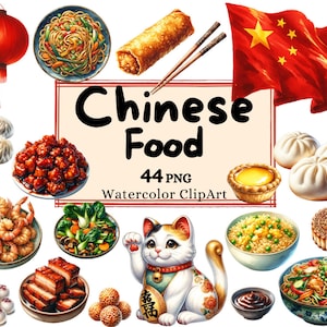 Clipart de pacote de comida chinesa em aquarela, pratos tradicionais da China Rolinho Primavera Gato da Sorte Chow Mein Panela Quente PNG Download Instantâneo Uso Comercial