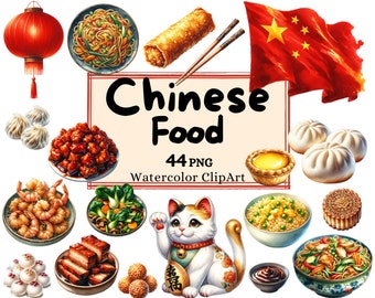 Acuarela paquete de comida china Clipart, platos tradicionales de China Rollito de primavera Lucky Cat Chow Mein Hot Pot PNG Descarga instantánea Uso comercial