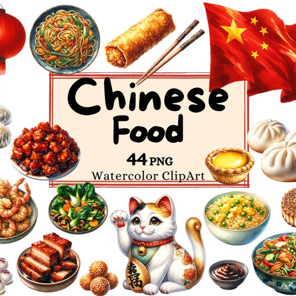 Aquarelle Chinese Food Bundle Clipart, Chine Plats traditionnels Rouleau de printemps Lucky Cat Chow Mein Hot Pot PNG Téléchargement instantané Utilisation commerciale