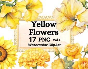 Watercolor Yellow Flowers Petunia Clipart Bundle, Summer Flowers Floral Decor Design Instant Download Commercial Use PNG