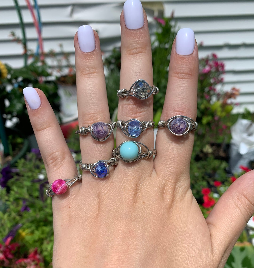 Colored Beaded Silver Wire Rings - Etsy