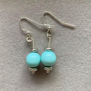 Aqua Blue Beaded Silver Fish Hook Wire Drop Earrings