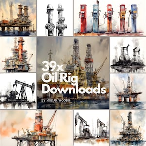 Pode incluir: Uma coleção de 39 aquarelas que retratam plataformas de petróleo, bombas de petróleo e bombas de gasolina. As pinturas são de estilos variados, algumas são realistas e outras mais abstratas. O texto "39x Oil Rig Downloads by Nodar Woods" está no centro da imagem.