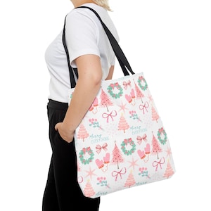 Whimsical Pink Christmas Tote Bag - Holiday Cheer Shoulder Bag, Festive Winter Tote, Cute Xmas Shopping Tote, Pink Reusable Bag, Coquette