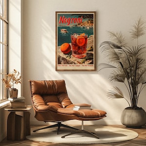 May include: A vintage poster with a red background featuring a glass of Negroni cocktail with an orange slice garnish. The poster has the text "Negroni" in a white font and the ingredients "One Part Gin - One Part Campari - One Part Vermouth" in a smaller white font.