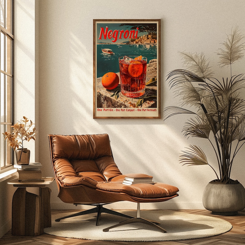 May include: A vintage poster with a red background featuring a glass of Negroni cocktail with an orange slice garnish. The poster has the text "Negroni" in a white font and the ingredients "One Part Gin - One Part Campari - One Part Vermouth" in a smaller white font.