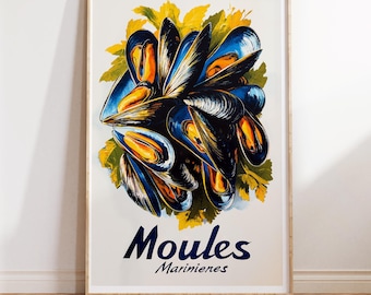 Moules Marinieres Print: Plakat z owocami morza w stylu vintage z francuskiego bistro