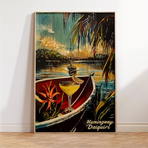 Hemingway Daiquiri Poster | Vintage Likör Ad Style Print | Retro Bar Wandkunst | Nostalgische Cocktail Illustration | Kubanische Mixology Dekor