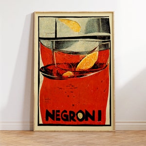 Cartel de Negroni moderno de mediados de siglo / Impresión de anuncios de licores vintage / Arte de pared de bar retro / Ilustración de cócteles / Decoración de mixología italiana