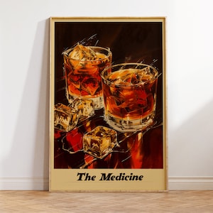 ウイスキー ポスター「The Medicine」 | ビンテージ リカー広告スタイル プリント | レトロなバー ウォール アート | ノスタルジックなバーボンのイラスト | ミクソロジー デコレーション
