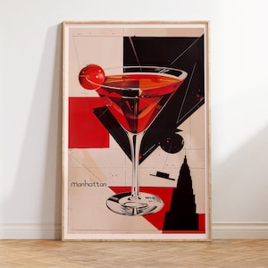 Poster del cocktail di Manhattan / Stampa in stile pubblicitario di liquori vintage / Arte della parete del bar retrò / Illustrazione della mixologia nostalgica / Arredamento Speakeasy