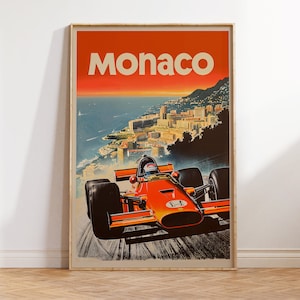 Póster del Gran Premio de Mónaco / Impresión vintage estilo F1 / Arte mural retro de Fórmula 1 / Ilustración nostálgica de automovilismo / Decoración para aficionados a los coches