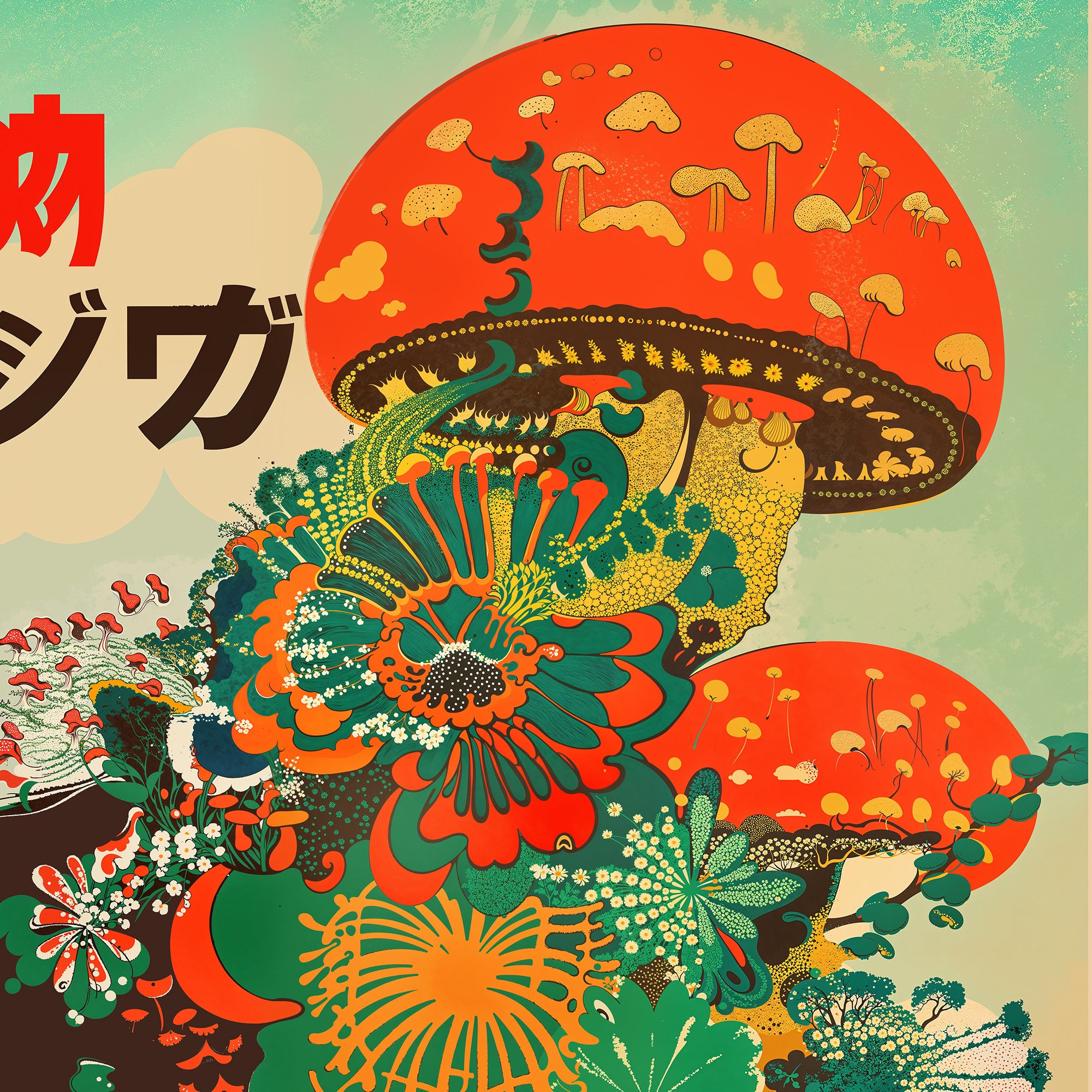 オリジナル原画 Psychedelic Japanese Art Vintage Style Japanese Psychedelic Mushroom Poster: Retro Trippy