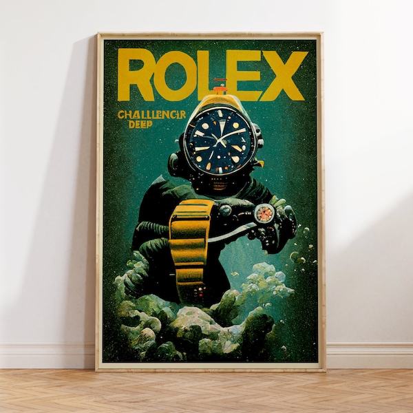 Cartel de reloj de buceo vintage / Impresión de estilo publicitario retro / Inspirado en Rolex Submariner / Arte de pared de oficina