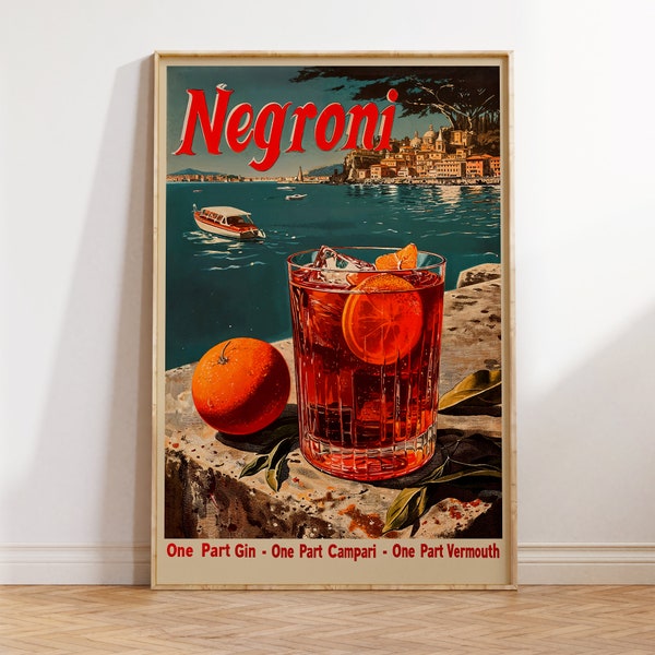 Classic Negroni Cocktail Poster | Vintage Style Alcohol Advertisement Print | Retro Bar Wall Art