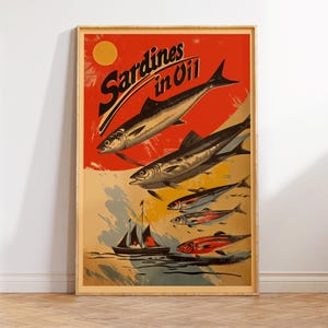 Poster di sardine sott'olio / Stampa pubblicitaria di pesce in scatola in stile vintage / Arte murale retrò di frutti di mare / Decorazione da cucina di metà secolo / Illustrazione nostalgica
