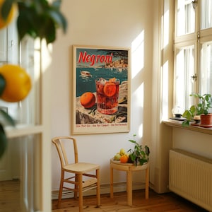 May include: A vintage poster advertising Negroni, a classic Italian cocktail. The poster features a glass of Negroni with orange slices and a scenic background. The text on the poster reads "Negroni" and "One Part Gin - One Part Campari - One Part Vermouth".