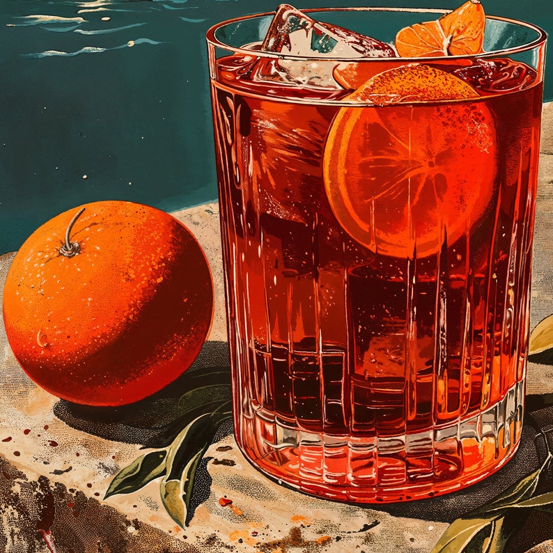 May include: A glass of red liquid with ice cubes and orange slices. The glass has a textured surface and is sitting on a light brown surface with green leaves.