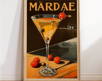 Affiche cocktail martini | impression vintage de style publicité pour alcool | Art mural rétro | Décoration de bar